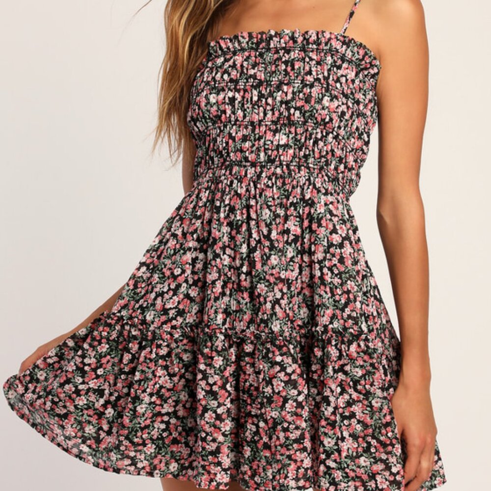 Lulus Petal Perfection Black Floral Print Smocked Tiered Mini Dress - Size XL